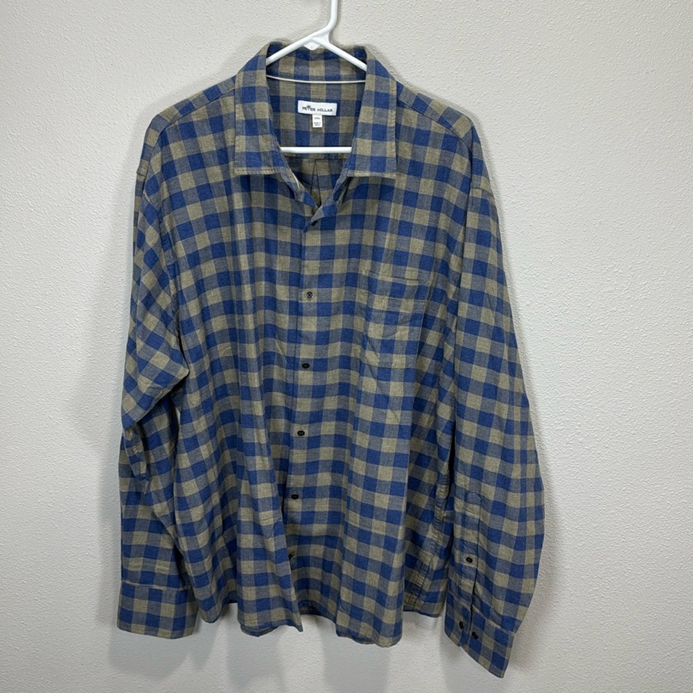 Peter Millar flannel shirt plaid blue tan